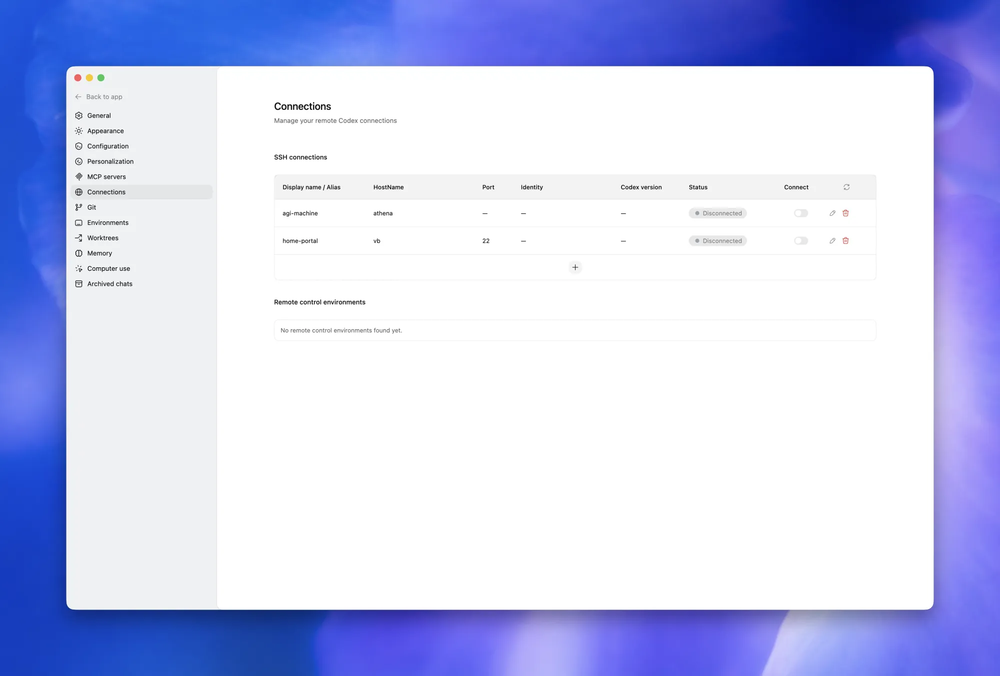 Codex App Connections 设置页面